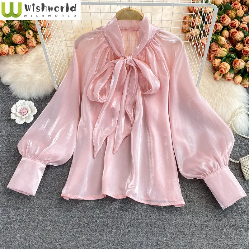 

Super Fairy Loose Bow Tie Tied French Plus Size Shirt Long Sleeved Temperament Top for Women