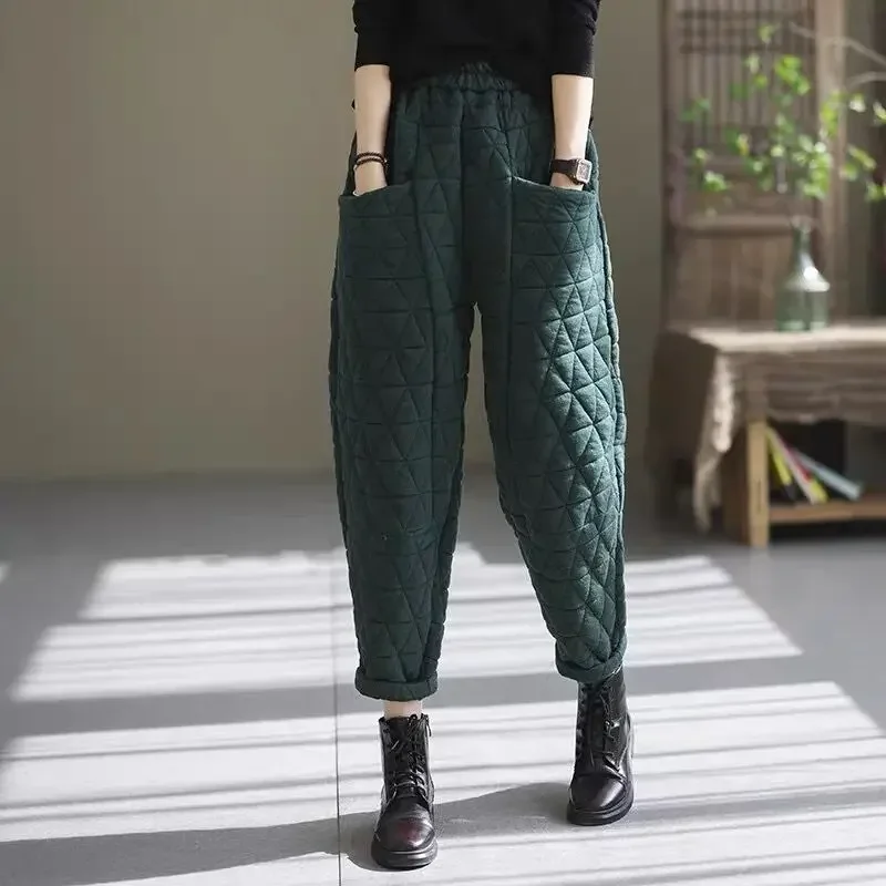 Fall Winter Warm Vintage Harem Pants Women Snow Wear Thick Solid Colors Cotton Down Trousers Oversized Casual Quilted Sweatpants