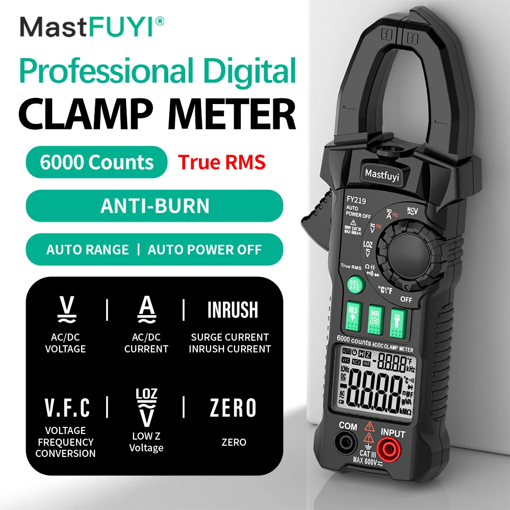 MASTFUYI multimetro a morsetto digitale professionale, corrente di tensione cc ca, vero RMS, corrente di emergenza, LOWz, Tester VFC, pinza amperometrica