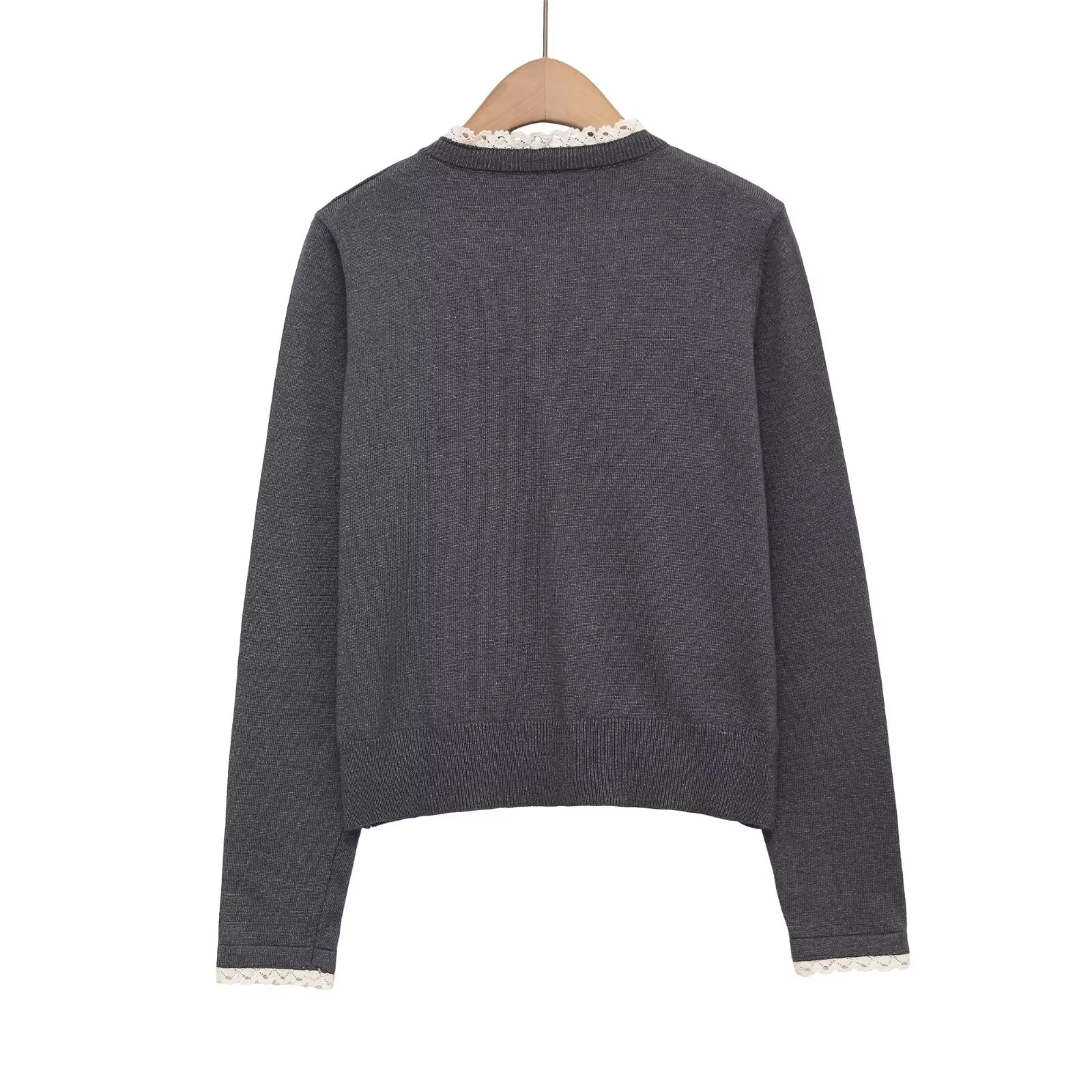 2025 شتاء جديد المرأة عادية حلوة موضة بسيطة المرقعة الجولة الرقبة طويلة الأكمام الدانتيل تقليم سترة مشغولة من الصوف