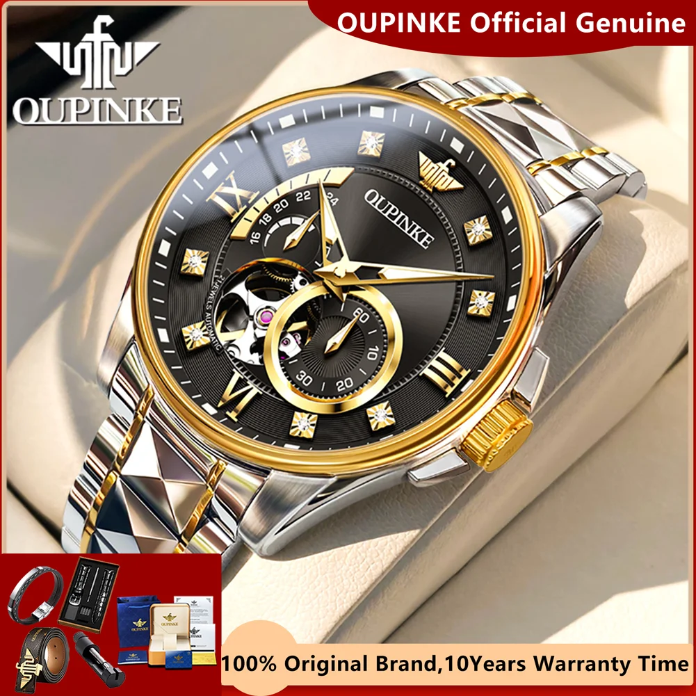 

OUPINKE Watch for Men Tungsten Steel Watch Strap Luxury Chronograph Man Watch Flywheel Hollow Automatic Mechanical Wristwatches