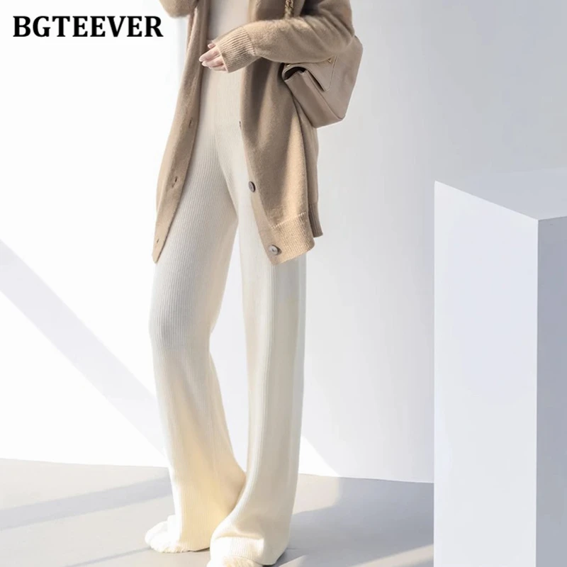 BGTEEVER Casual Elastic High Waist Floor-Length Women Wide Leg Sweater Trousers Autumn Winter Loose Female Solid Knitted Pants