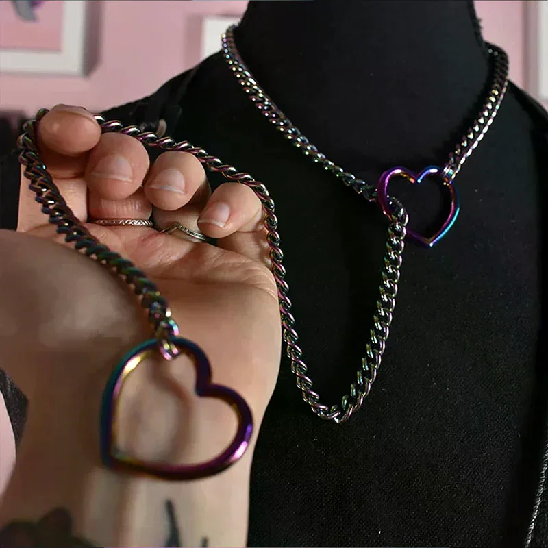 1PC Heart O-ring Slip Chain For Women Punk Rock Necklace Stainless Steel Cuban Long Necklace Trendy Simple Adjustable Y-Necklace