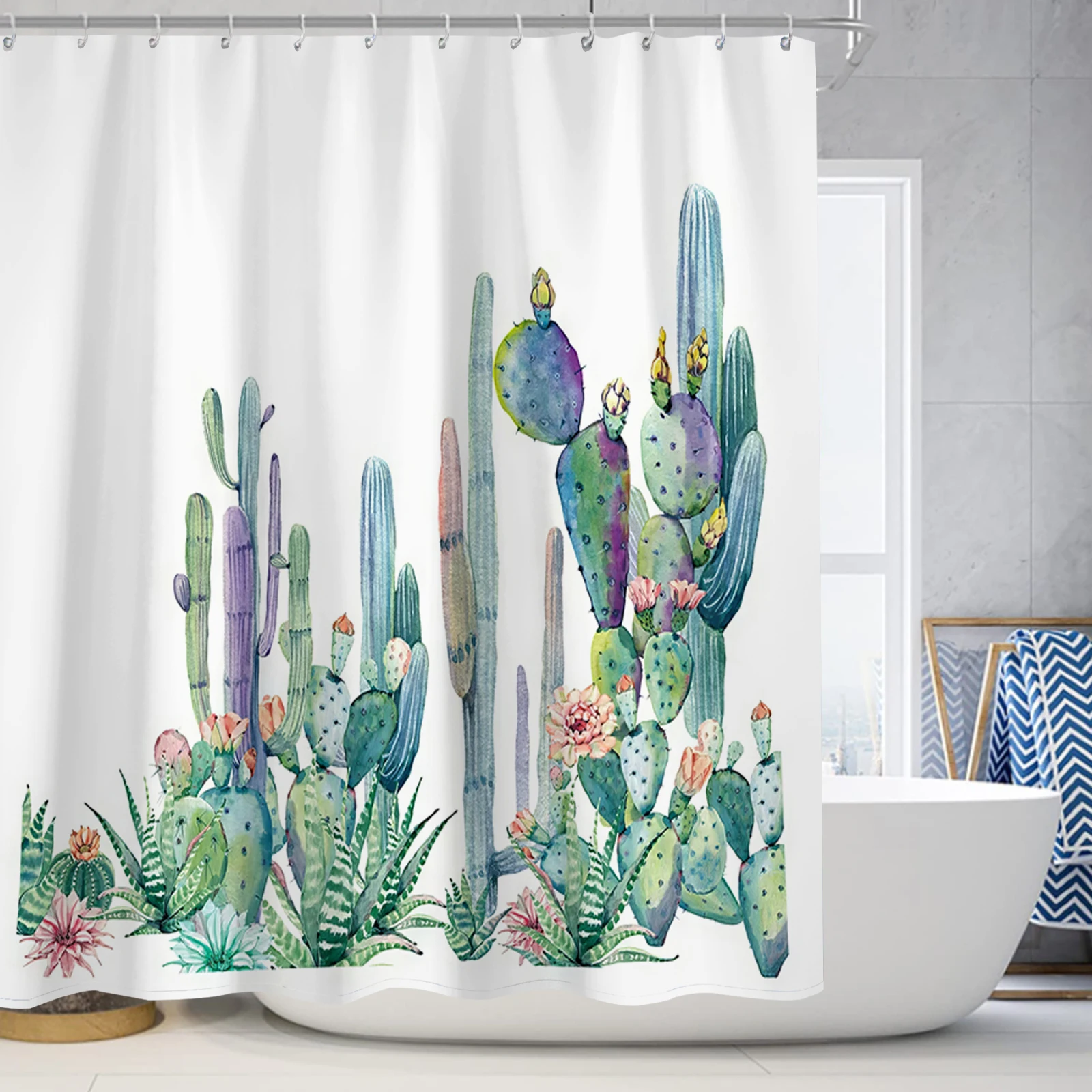 Botanical cactus print shower curtain minimalist polyester home décor bathroom curtain with hooks