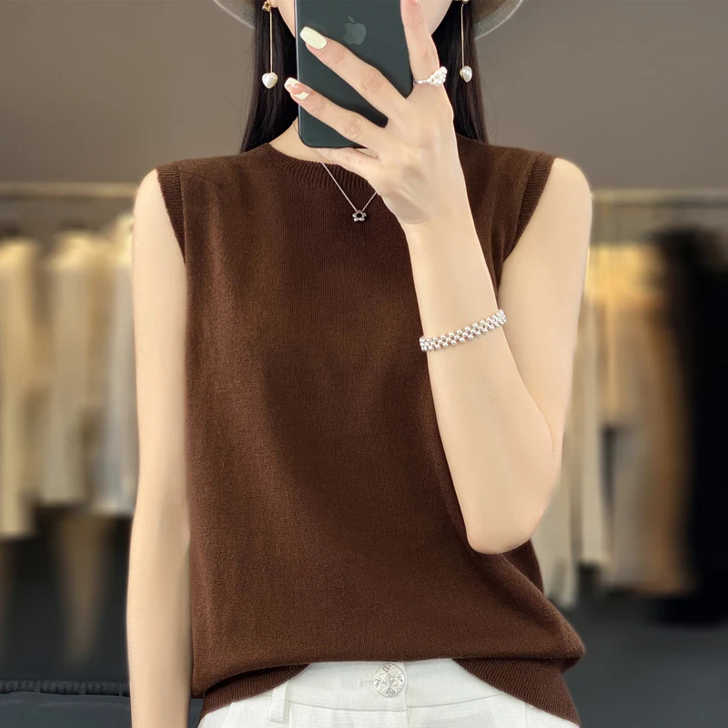 First line ready to wear women knitted short sleeve T-shirt pullover round neck solid color sweater fashion top sleeveless vest