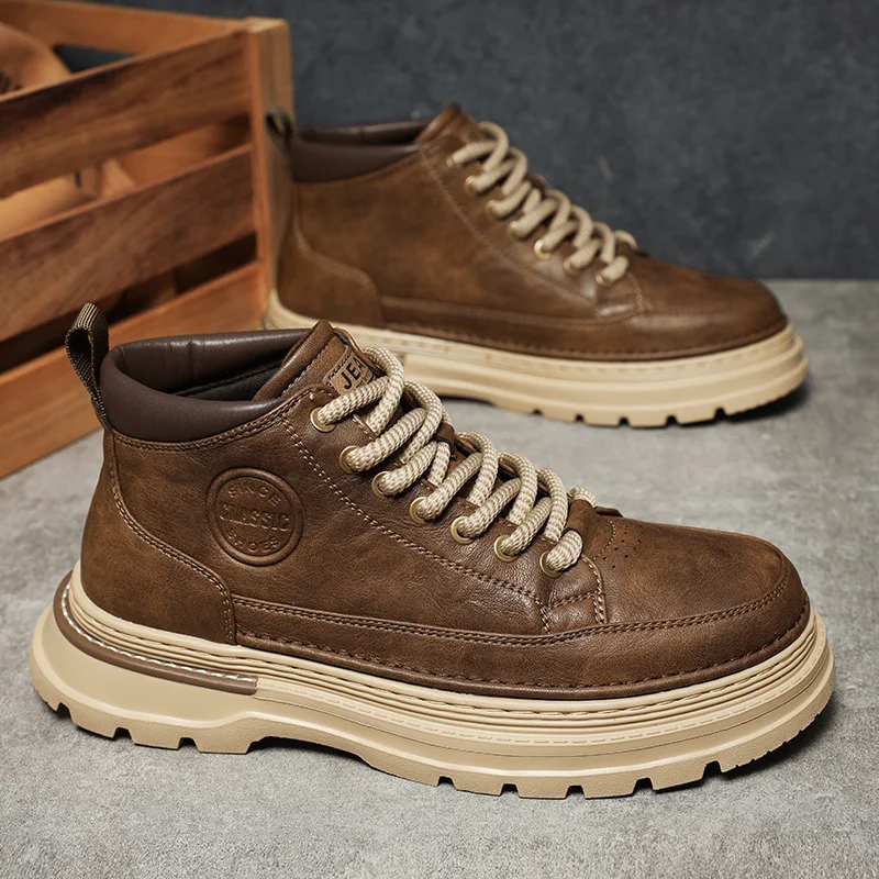 High Quality Men's Ankle Boots Fashion Leather Motorcycle Boots Outdoor High Top Casual Shoes Non-slip Male Botas Walking Shoes