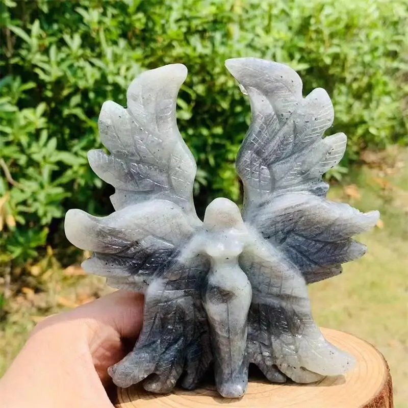 Natural Labradorite Seraph Angel Carving Stand Energy Gemstone Healing Stone Home Decoration Gift 1PCS