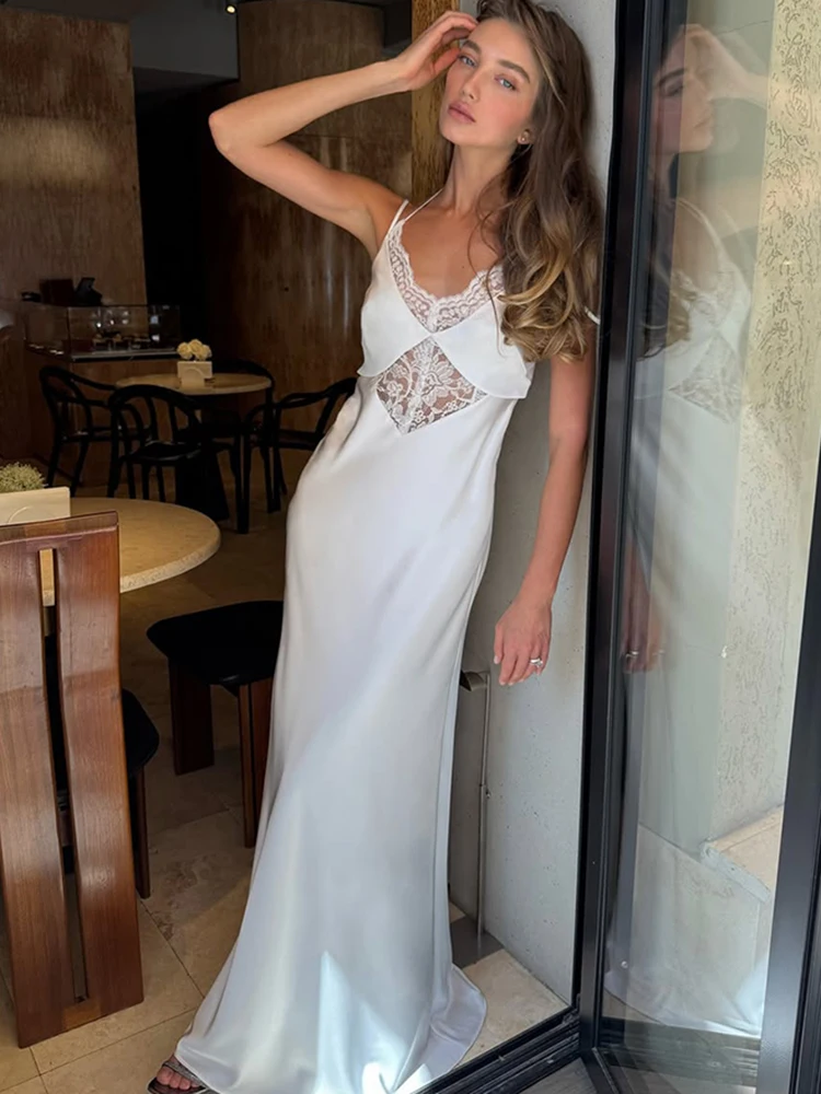 Ticketsx V-neck Lace Hollow Out Backless Strapless Dress Summer Sexy High Waist Slim Long Dress Beach Vacation Women's Dress