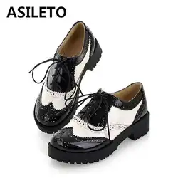 ASILETO British style women brogue shoes cross tied mixed color round toe wingtip oxfords casual footwear sapatos chaussures