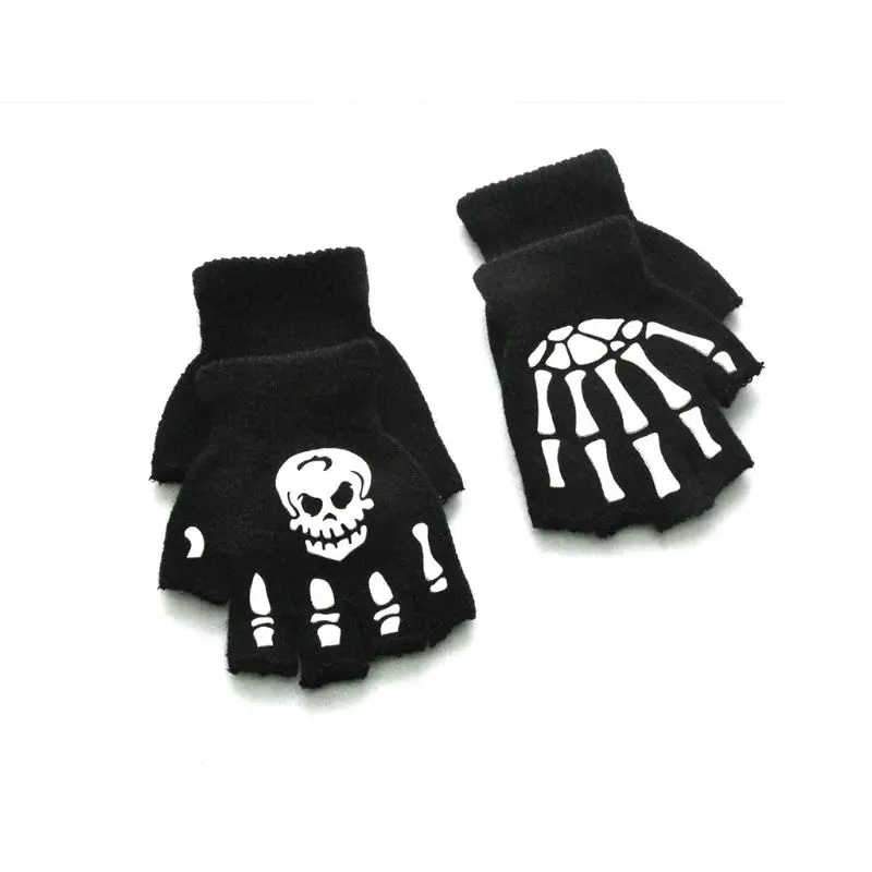 Kids Halloween Luminous Skeleton Skull Half Finger Gloves Glow in the Dark Knitted Fingerless Mittens Cosplay Costume