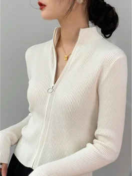 Women's Zip-Up Knit Cardigan Sweater 5 Spring Autumn Zipper Cardigan Women Sweaters Knitted Long Sleeve Stand-up Collar Tops Korean Fashion Short Sweater for Female 5