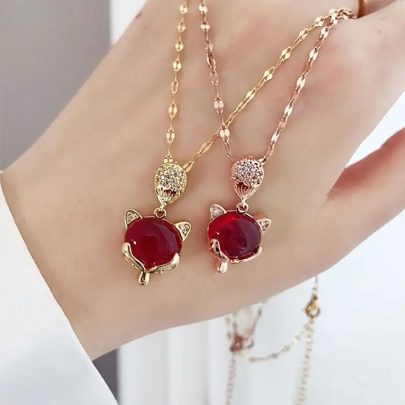 Fashion Cute Colorful Stone Fox with Zircon Necklace for Women Vintage Stainless Steel Chain Party Accessories Jewelry Gifts