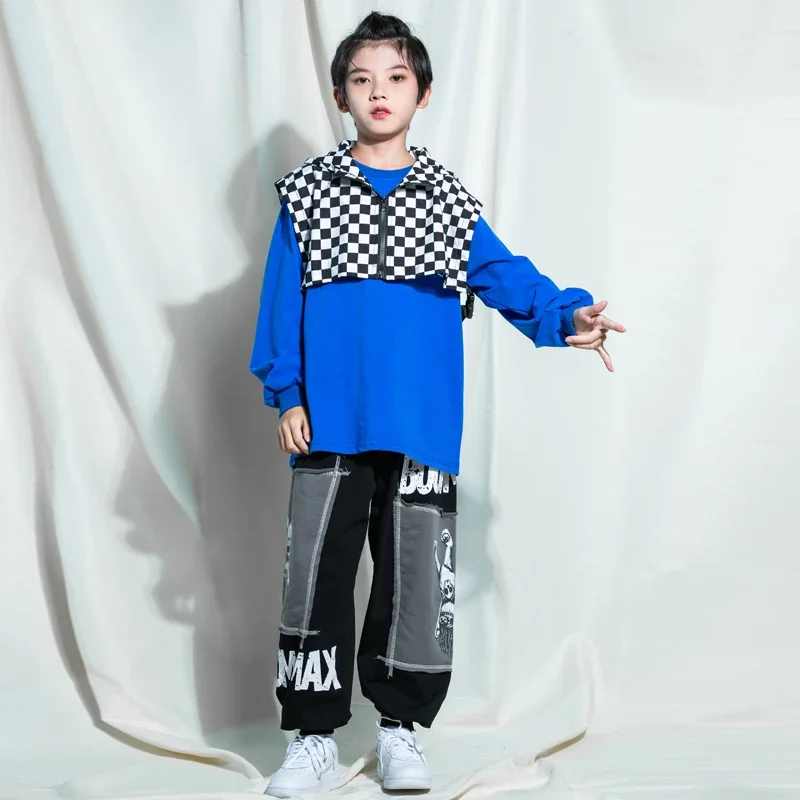 Girl Boy Jazz Dance Costume Clothes Kids Teenage Street Wear Hip Hop Clothing Blue Sweatshirt Hoodie Vest Tops Joggers Pants For