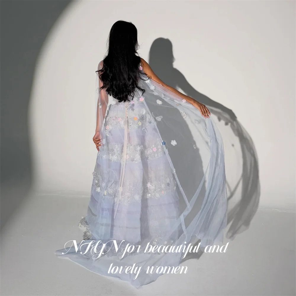 NFYN Light Blue Prom Dress 3D Colorful Floral Appliqué Evening Gown Multi‑Layer Glitter Tulle Party Dress With Cape Customized