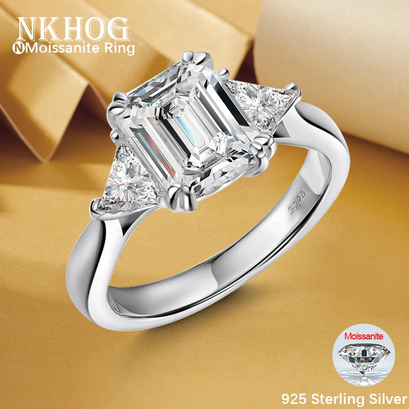 

NKHOG 5cttw Full Moissanite Ring S925 Sterling Silver Emerald/Triangle Cut VVS Diamond Wedding Band Party Rings Gift Jewelry GRA