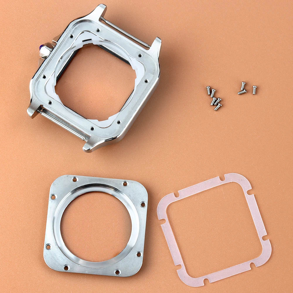 Silvery NH35 38mm Square Watch Case Stainless Steel Bracelet 27mm Dial Hands No Luminous For Santos NH35 NH36 NH38 Movement