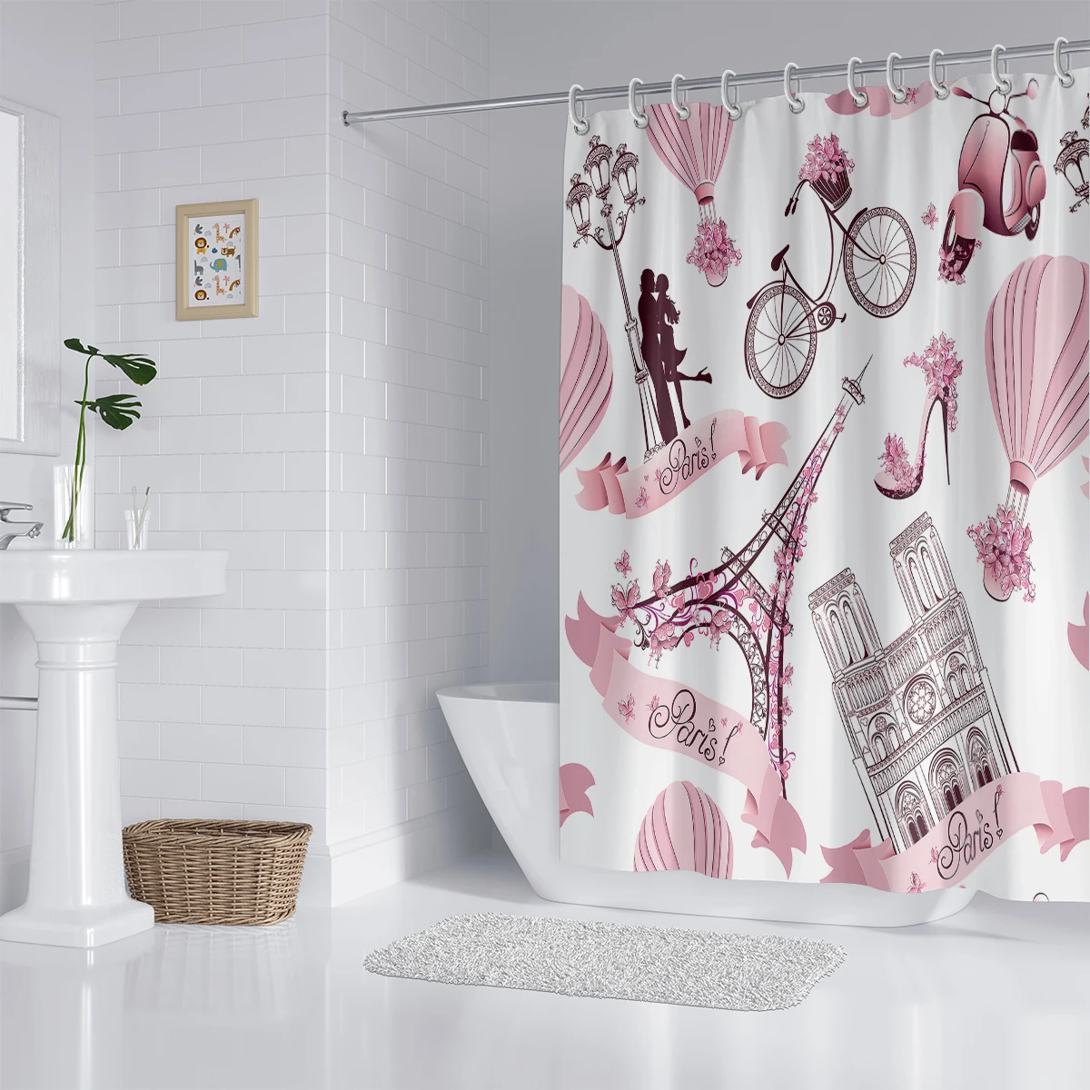 1 piece of 180x180cm pink Paris Tower pattern printed shower curtain partition bathroom waterproof and mildew proof