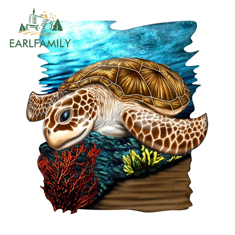 EARLFAMILY 13cm x 10cm Sea Turtle with Fish Car Sticker Window Trunk Laptop Grass Decal Tropical Sea Animal Stickers Car wrap