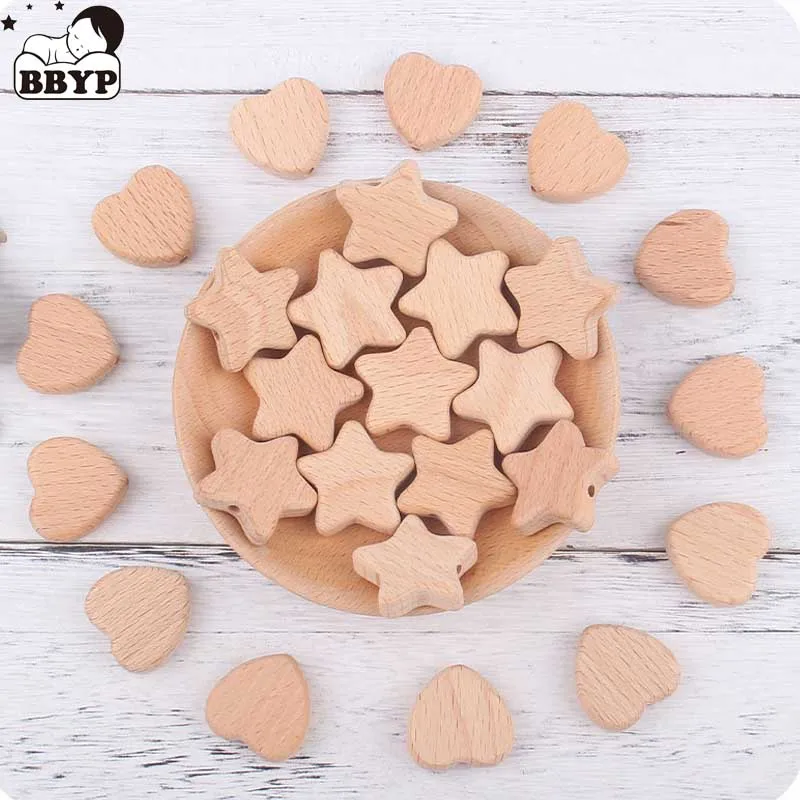 50Pcs Heart Star Shape Beech Wood Made Of Natural Wood Beads Loose Spacer Beads For Diy Jewelry Making Charm Pacifier Chain