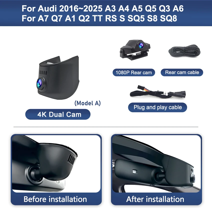 Nieuwe Plug en Play 4K 2K WiFi Draadloze Auto HD DVR Dash Cam Voor Audi 2016-2025 A3 A4 A5 Q5 Q3 A6 A7 Q7 A1 Q2 TT RS SQ5 S8 SQ8