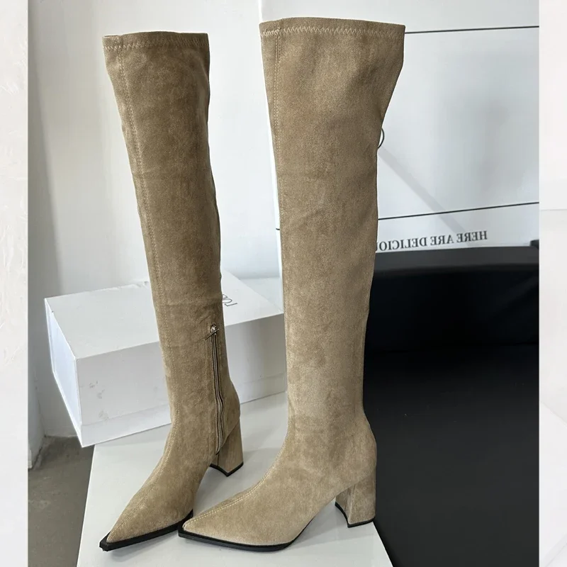 

Aneikeh/модные сапоги выше колена в уличном стиле с острым носком, женская обувь на квадратном каблуке, длинные ботильоны на молнии до бедра