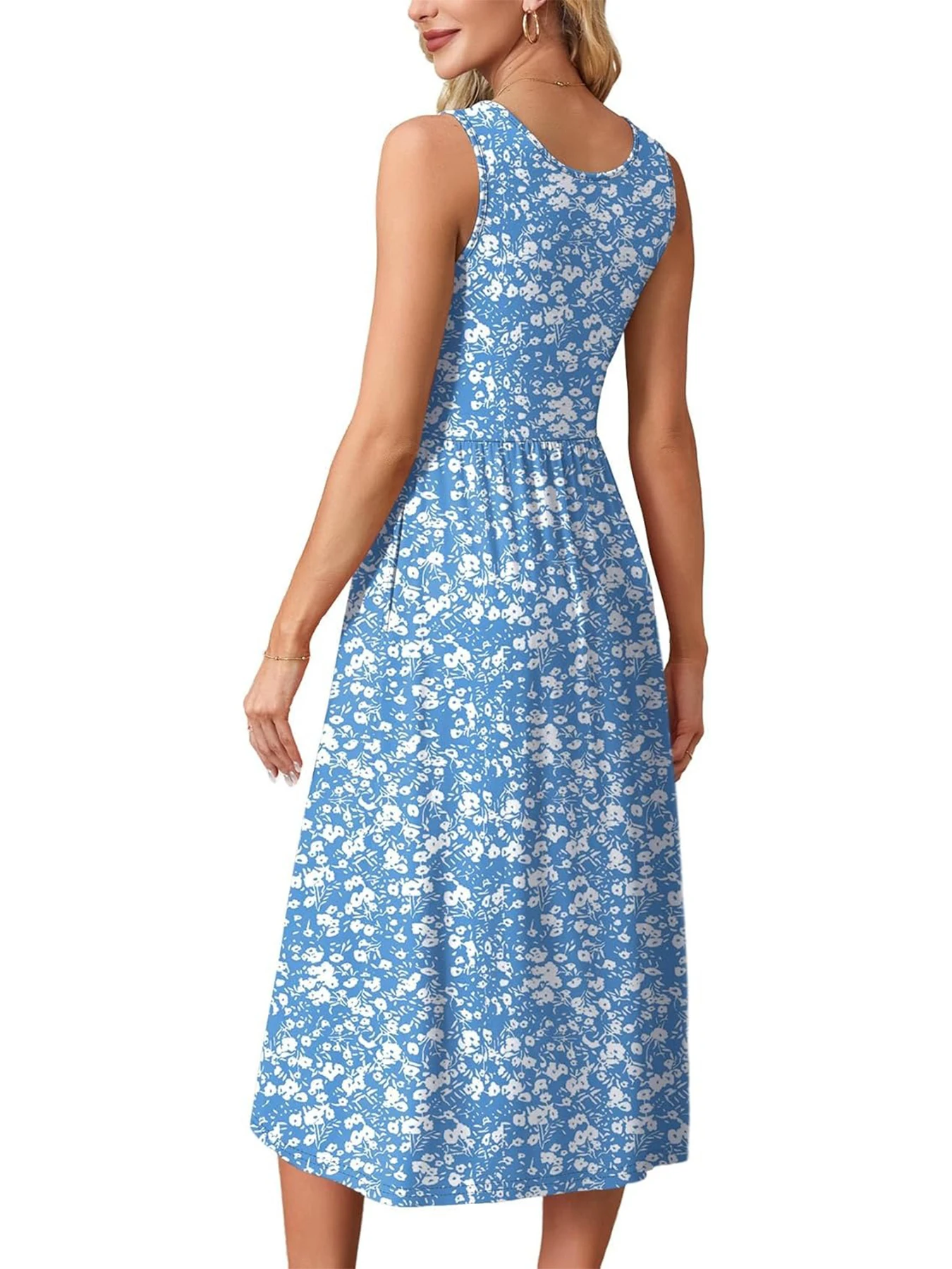 2026 Sommer Neue Kleider für Damen Bedrucktes Lässiges Midikleid Modisches Ärmelloses Rundhals-Strandkleid mit Taschen – Detail 13