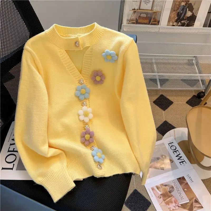 Korean Fashion Loose Autumn Winter Thin Buttons Patchwork Sweet Solid Color O-neck Long Sleeve Women Clothing Pullovers Cardigan