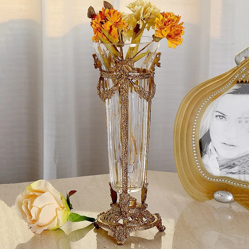 Handcrafted Crystal Glass Vase with Brass Inlay Luxury Table Centerpiece Home Decor