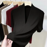 Threaded New Short Sleeved Top for Women Summer Fashion Versatile Base Shirt Plus Size Slim Fit V-neck T-shirt Casual and Sexy 2