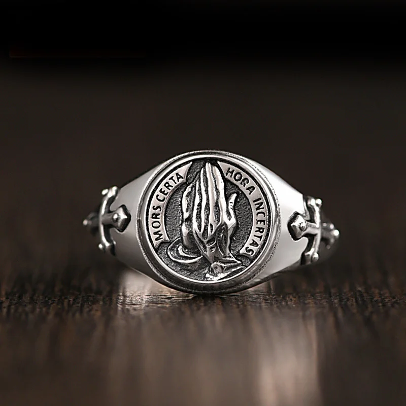 Men's Simple Personality Retro Prayer Hand Opening Prayer Creative Thai Silver Ring for Men Women's Party Jewelry Gift Wholesale