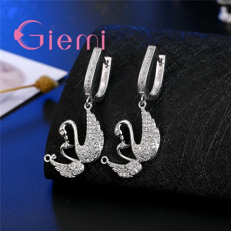 The Best Gift For Bride Two Swan Togetger 925 Sterling Silver  Earrings+Necklace Crystal Jewelry Sets Cubic Zircon Bijoux