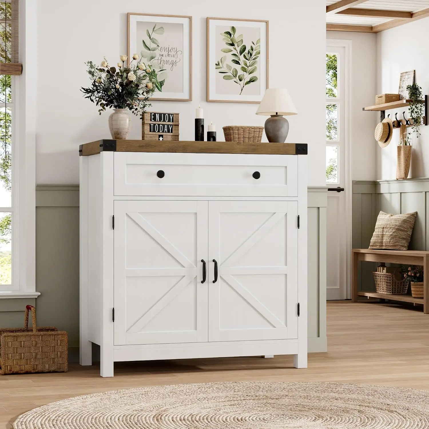 31.5 Inch Wide Farmhouse Coffee Bar & Kitchen Storage Cabinet, White Accent Buffet Sideboard for Living Room, Hallway, Dining Room