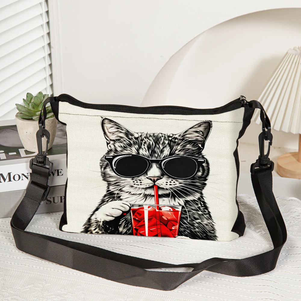 Cat Print Crossbody Bag White Cat With Sunglasses Drinking Cocktail Shoulder Bags For Women Casual Everyday Use Fashion Accessor