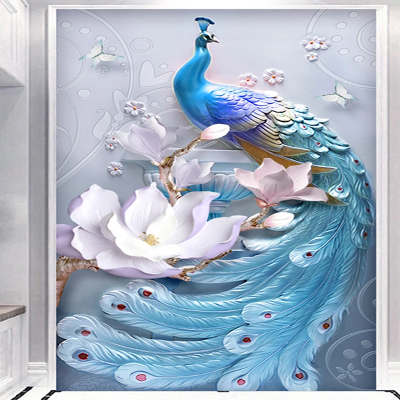 Personalizado qualquer tamanho mural papel de parede 3d estéreo alívio azul pavão flores pintura parede sala estar entrada do hotel pano fundo