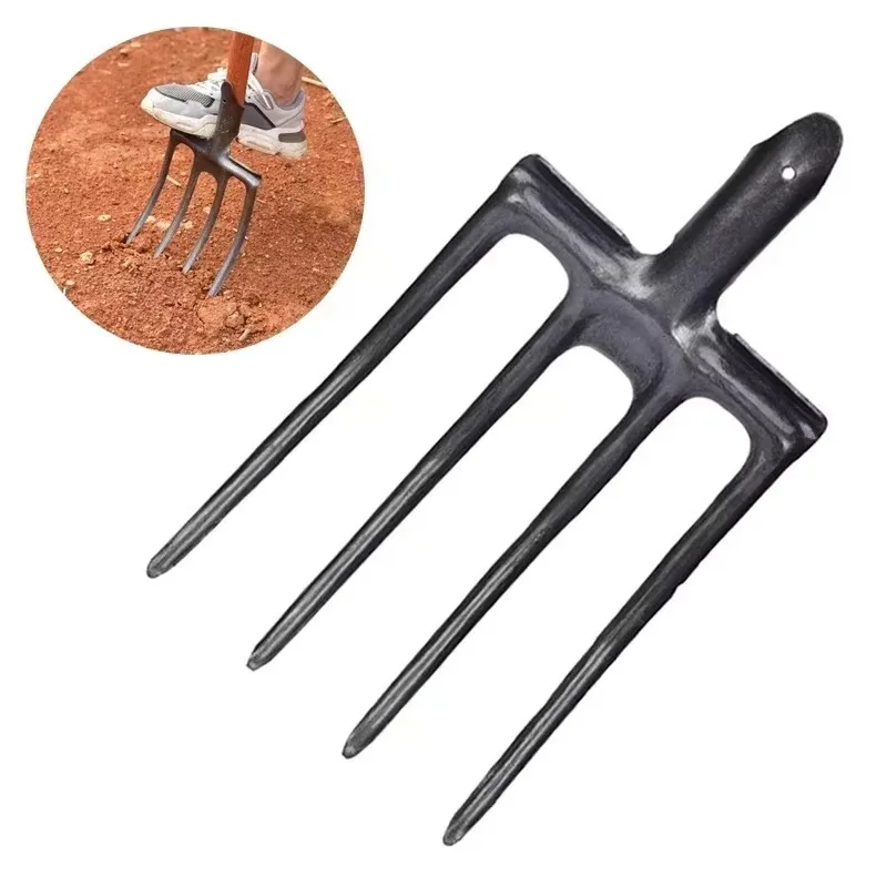 4-Tine Carbon Steel Agricultural Digging Fork Garden Spading Manure Fork Outdoor Land Breaking Tool