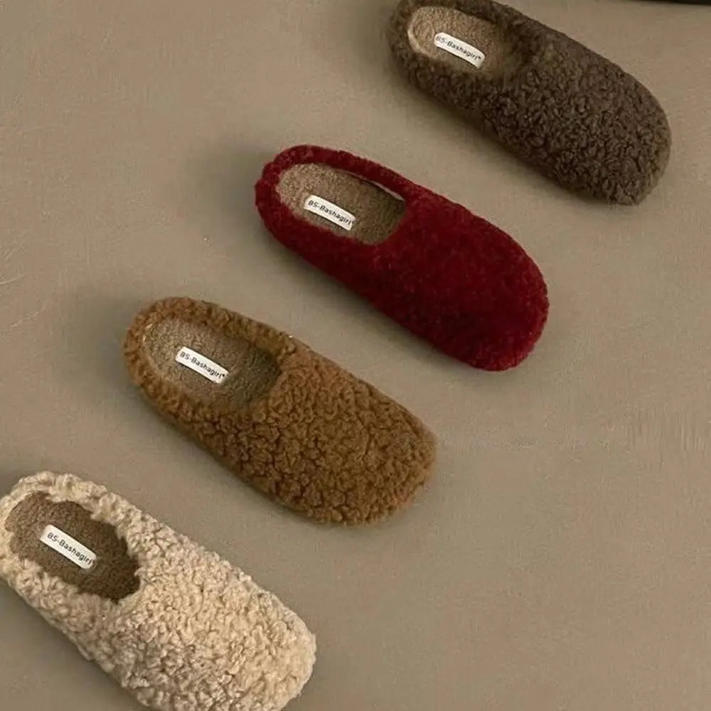 

Winter Women Warm Cotton House Slippers Concise Round Toe Shoes Ladies Comfort Lambwool Flats Slides Shoes