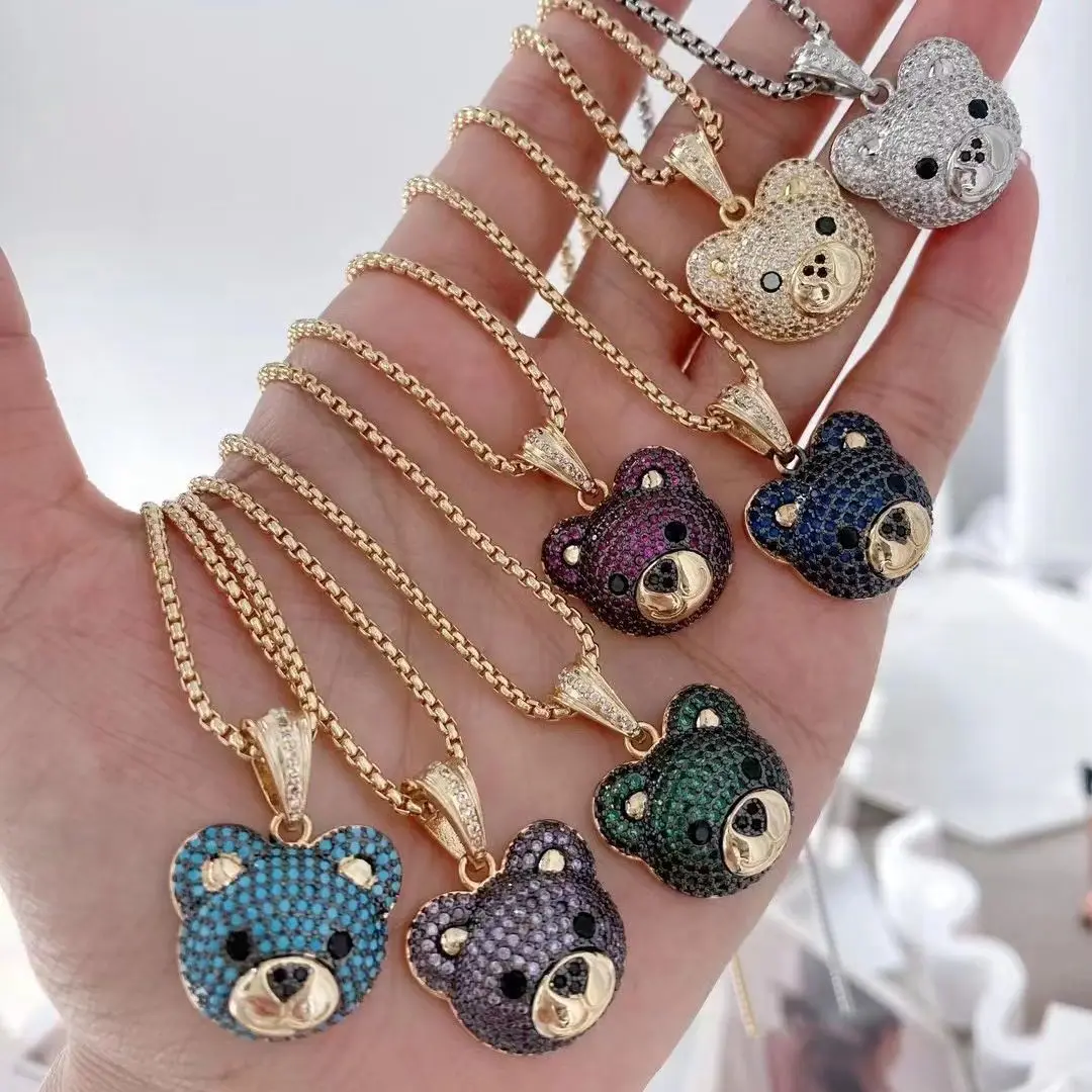 5PCS, New Bear Necklace Women Fashion Jewelry Bear Head Pendant Necklace Design Pave Setting Zircon Copper Jewelry