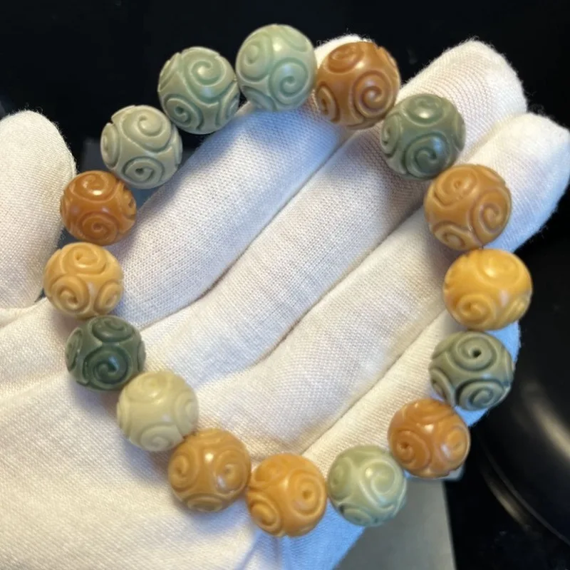 Natural multi-colored carved auspicious cloud , multicolored Bodhi root patterned bracelet, Buddhist beads fo
