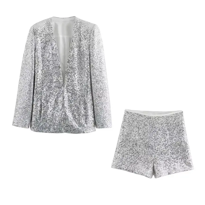 Women\'s Chic V Neck Long Sleeve Silver Sequin Jacket Coat Casual High Waist Zipper Shorts 2 Piece Set Streetwear 2024Summer