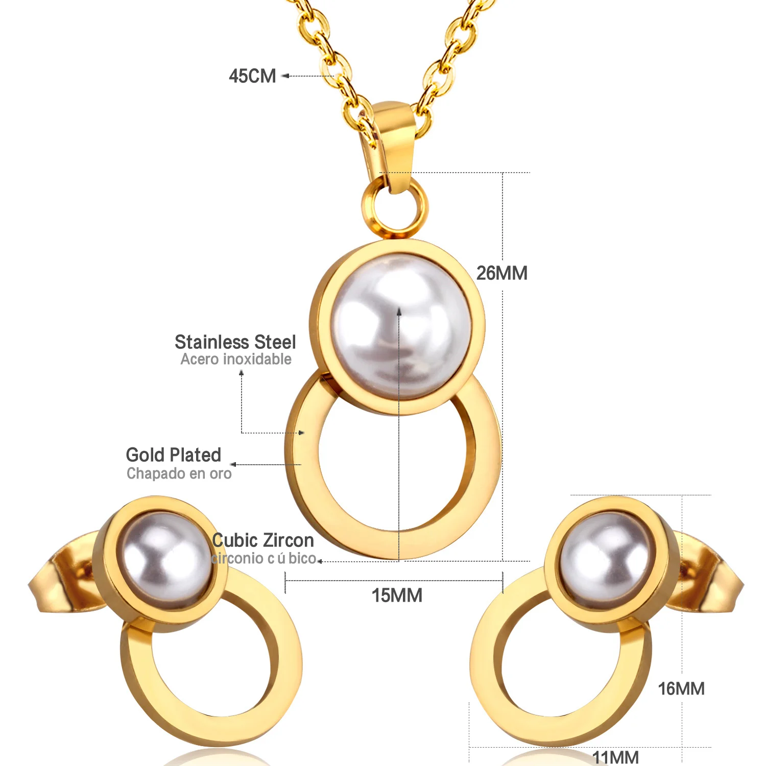 Retro Perle Edelstahl Ohrring Halskette Set Zirkonia Vergoldet Schmuck Sets Für Frauen Hochzeit Bankett Party Geschenke