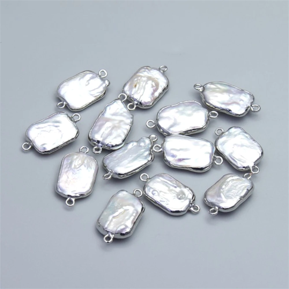 لؤلؤ المياه العذبة الطبيعية المعلقات موصل الفضة مطلي حافة غير النظامية مستطيل 2 حفرة سحر المجوهرات عقد دي اي واي 1 قطعة