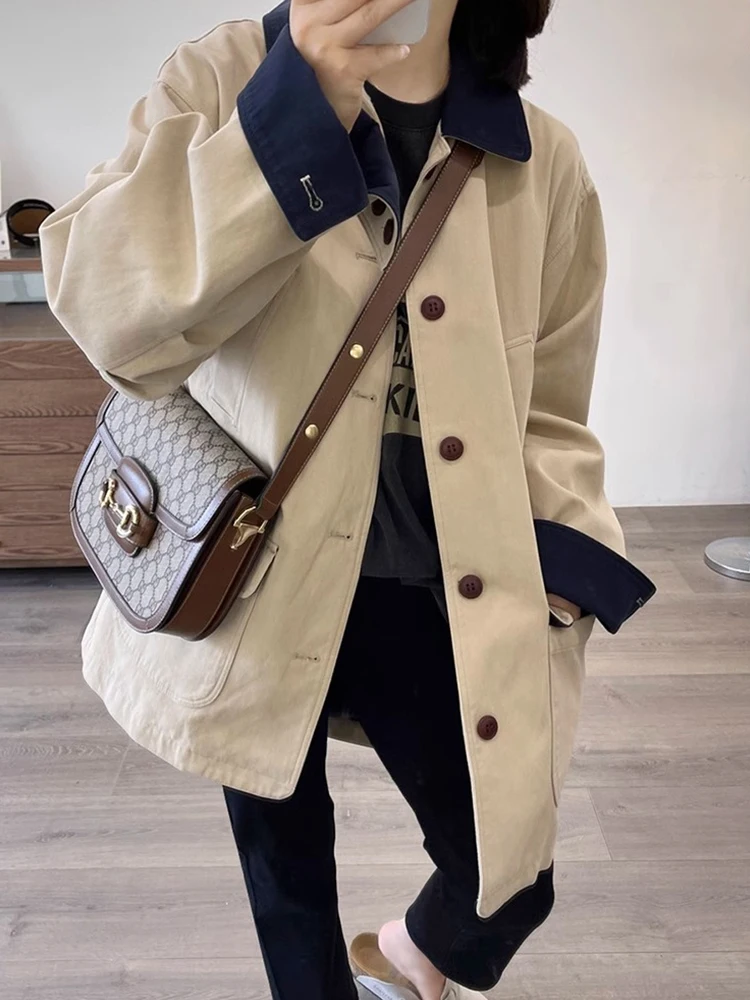 

Korean Style Long Sleeve Color Block Collar Coat Casual Single Button Autumn Outerwear for Young Women Commute Fashion