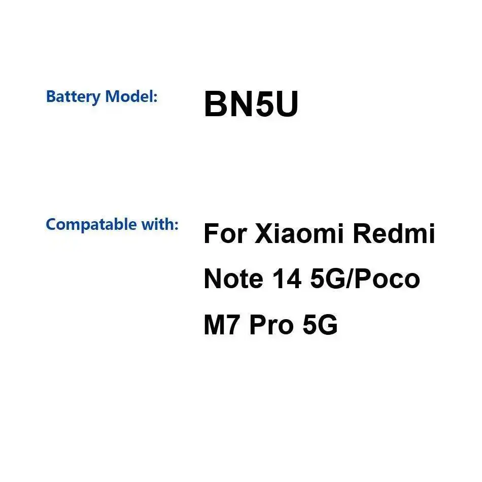 

Mobile Phone Battery For Xiaomi Redmi Note 14 5G Poco M7 Pro 5110Mah Long-Lasting Performance BN5U