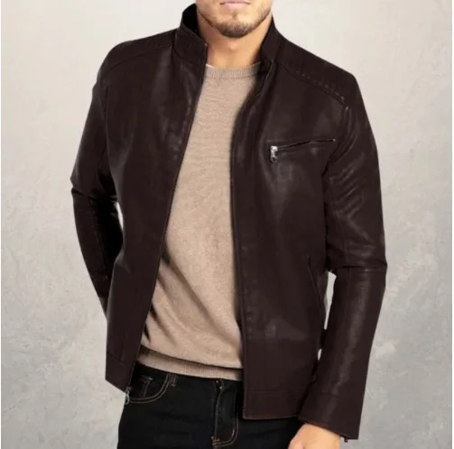 Men's PU Leather Jacket Stand-Up Collar Punk Motorcycle Style Fashion European American Teenagers Male Outerwear 8