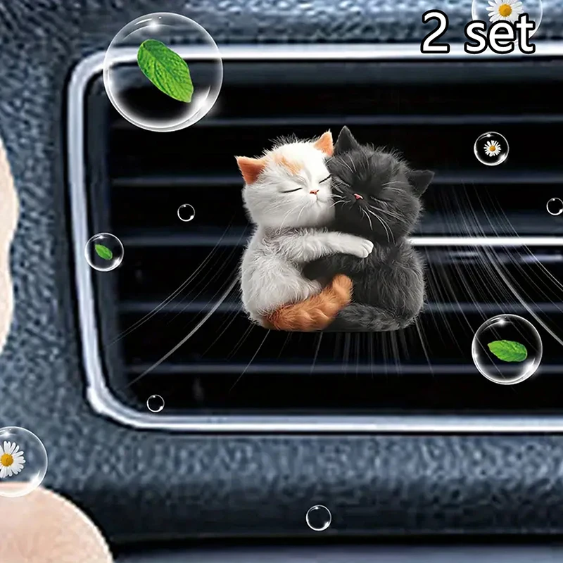2Set Cute Cuddle Cat Perfume Diffuser Car Air Freshener Clip Car Air Conditioning Vent Decoration Car Interior Aromatherapy Clip