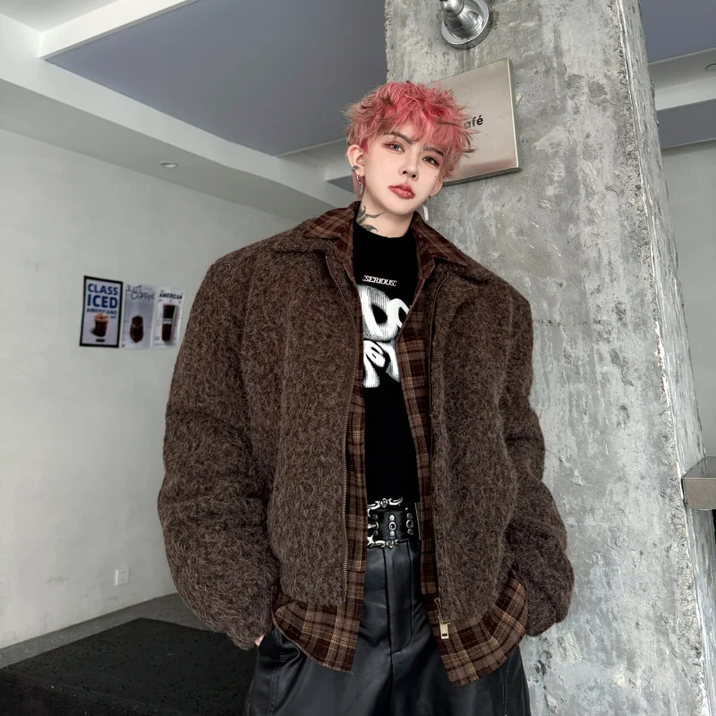 

Thiened Cotton Jaet Men's Winter Outerwear Wool Blend Patchwork Loose Fit Warm Long Sve Zipper Closure Color