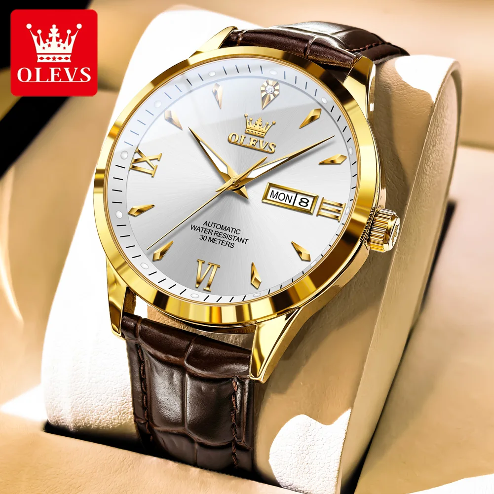 

OLEVS 9956 Luxury Automatic Mechanical Men's Watch Waterproof Leather Strap Dual Calendar Display Diamond Wristwatch