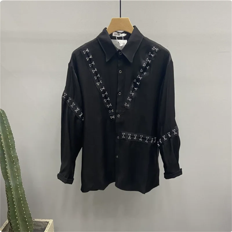 Dark Style Men's Trendy Personalized Designer Long-Sleeved Shirt - Metal Hook Closure Patchwork Top