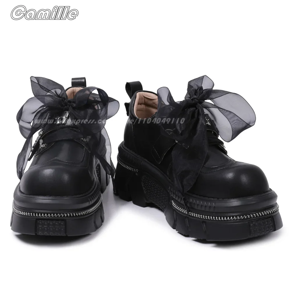 Black Punk Style Metal Decoration Organza Shoelaces Ankle Boots Round Toe Platform Casual Cool Girl Boots All-Match Leather Boot
