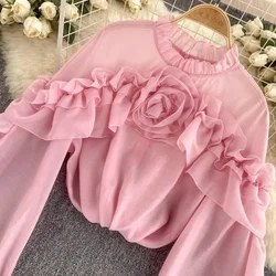 Sweet Pink Ruffled Blouse for Women Fashion Summer 3D Flower Long Sleeves Pleated Mesh Shirt Korean Trendy Chic Mujer Tops